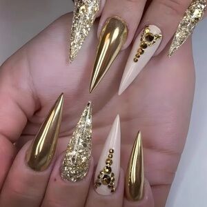Women’s Gold Long Formal Elegant Rhinestone Press On Nails